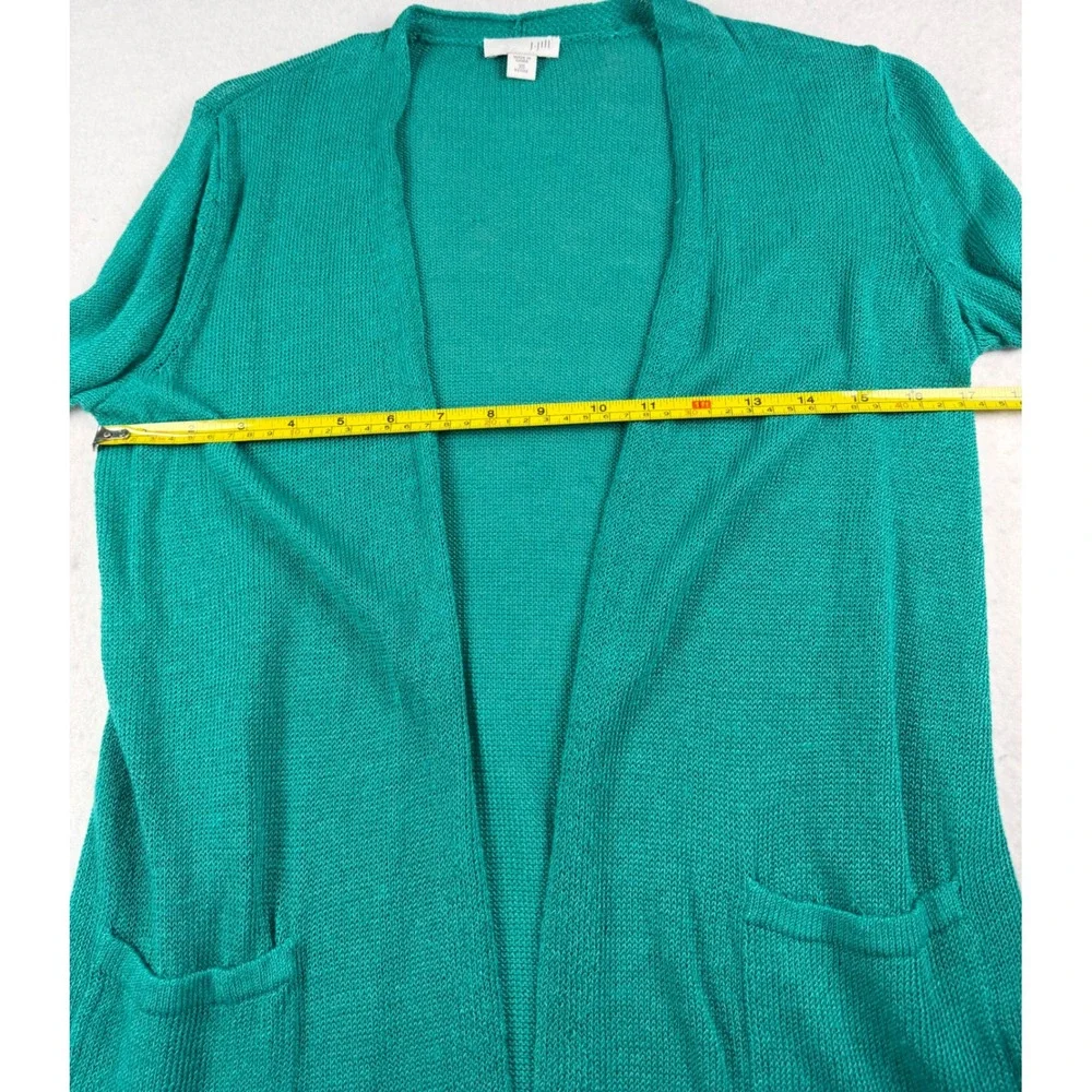 J. Jill Teal Green Linen Blend Open Front Cardigan Sweater XS Petite Pockets
